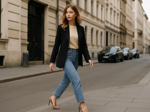 Elegancka kobieta w jasnych jeansach i czarnym blazerze, na nogach beżowe szpilki, idzie ulicą miasta.
