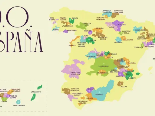 Mapa de España con las distintas denominaciones de origen de vino.