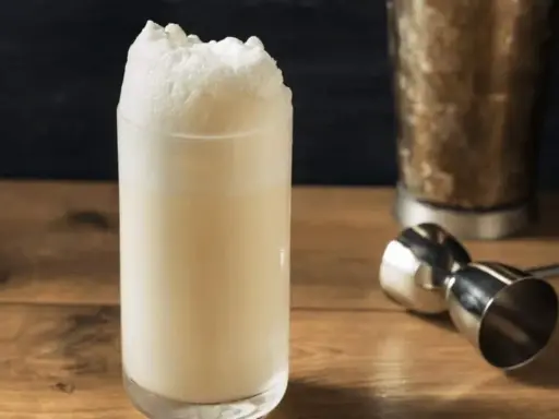 Ein cremiger Ramos Gin Fizz mit üppigem Schaum. Daneben ein Jigger und ein Shaker, bereit für den nächsten Drink.