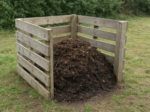 Drewniany kompostownik wypełniony ziemią i resztkami organicznymi. Prosty sposób, jak zrobić kompostownik w ziemi.