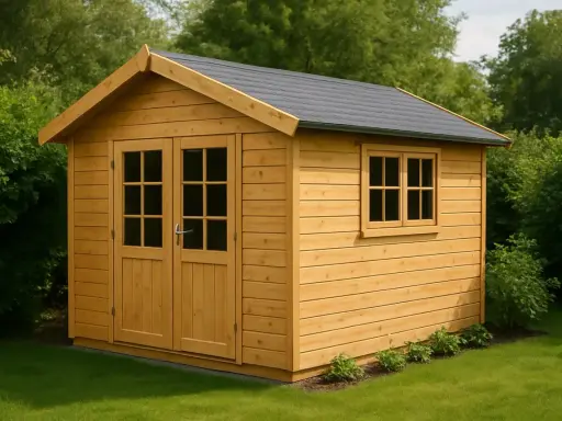 Ein neues Gartenhaus mit Holzdach und Fenster. Die Verkleidung des Gartenhauses ist aus hellem Holz.