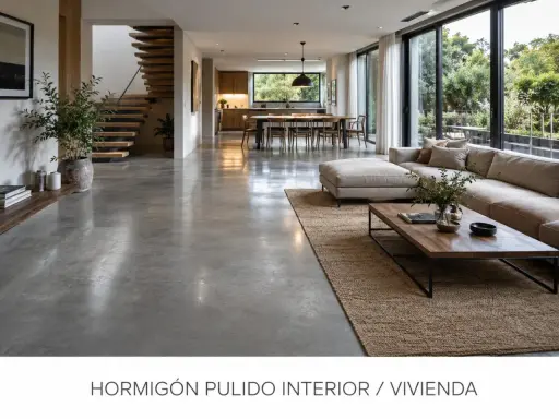 Amplio salón moderno con suelo de hormigón pulido, sofá modular, mesa de centro de madera y escaleras flotantes.