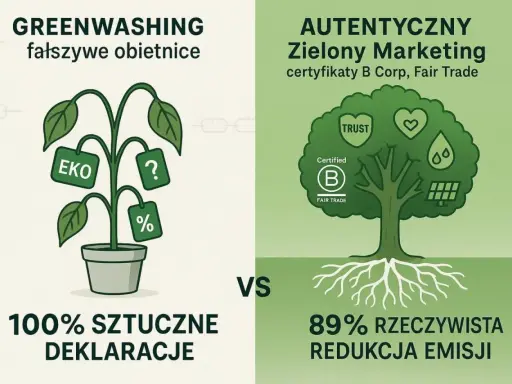 Zielony marketing: z lewej sztuczne deklaracje, z prawej autentyczny, z certyfikatami B Corp i Fair Trade, co oznacza prawdziwą redukcję emisji.