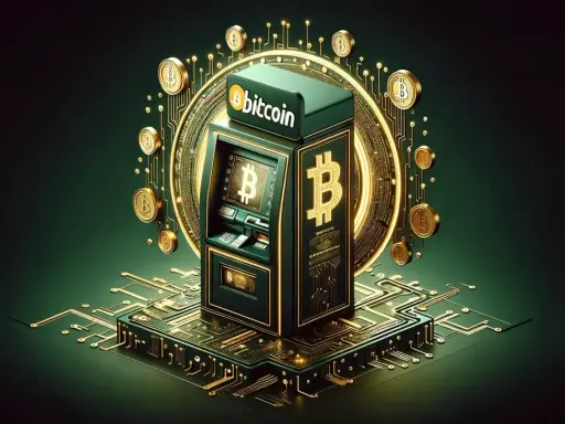 Bitomat, jak działa? Złote monety Bitcoin i obwody drukowane otaczają futurystyczny bankomat.