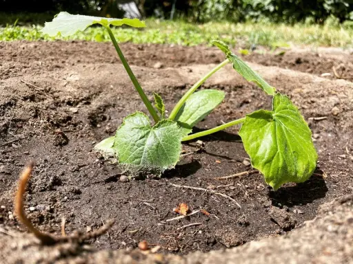 Jeune plant de courgette dans la terre, prêt à grandir. Il est encore tôt pour savoir jusqu'à quand planter des courgettes, mais ce petit est bien parti !