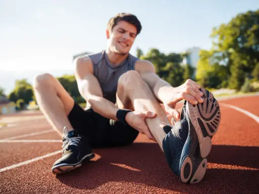 Zawodnik na bieżni z bólem nogi, potrzebuje fizjoterapii sportowej.