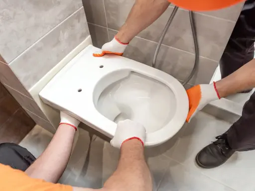 Mains gantées installent un WC suspendu. L'opération est délicate, mais le résultat sera moderne et pratique.