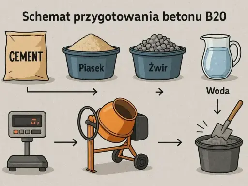 Schemat przygotowania betonu B20: cement, piasek, żwir i woda trafiają do betoniarki. Skład betonu jest kluczowy.