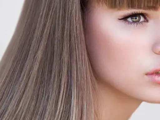 Mujer con cabello rubio champiñón, ojos delineados y labios rosados, con un fondo claro.