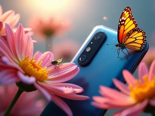 Niesamowite zdjecia makro: motyl i owad na kwiatach obok telefonu.