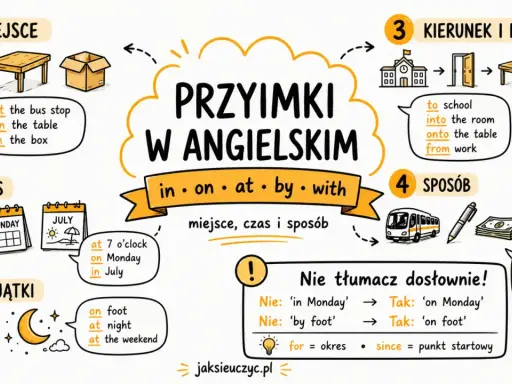 Grafika wyjaśnia przyimki w języku angielskim: miejsce (at, on, in), czas (at, on, in), kierunek (to, into, onto, from) i sposób (by, with, in).