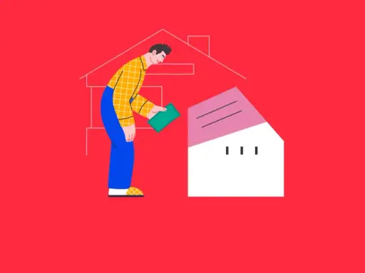 Hombre con dinero verde planea sus gastos compra vivienda, construyendo una casa estilizada.