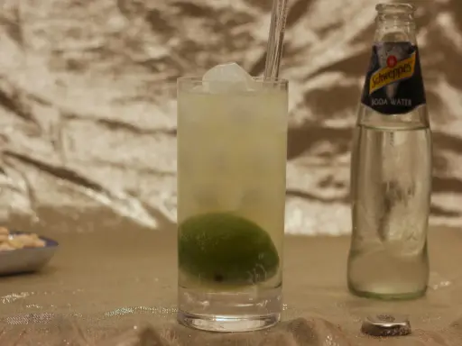 Erfrischender Drink mit Limette und Eis, daneben eine Flasche Schweppes Soda Water. Was ist Soda? Kohlensäurehaltiges Wasser, das für Cocktails verwendet wird.