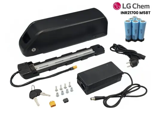 Zestaw do roweru elektrycznego: obudowa baterii, uchwyt, ładowarka, kluczyki i ogniwa LG Chem INR21700 M58T.