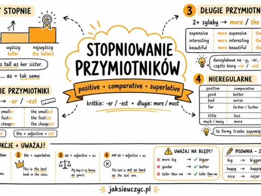 Stopniowanie przymiotnika: krótkie (-er/-est), długie (more/most), nieregularne. Przykłady: tall, taller, the tallest.