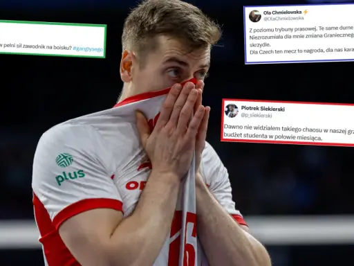 Siatkarz z rękami na twarzy, otoczony tweetami krytykującymi grę. Czy to jego skok do gwiazd, czy upadek?