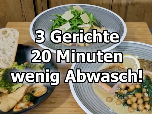 Drei schnelle Gerichte, zubereitet in 20 Minuten mit wenig Abwasch: Hähnchen mit Brokkoli, Lachs mit Kichererbsen und ein Salat.