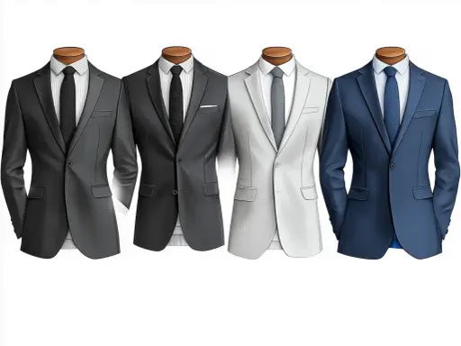 Four mannequins display suits: two dark grey, one light grey, and one blue. Lapels, buttons, and pockets define what makes a suit a suit.