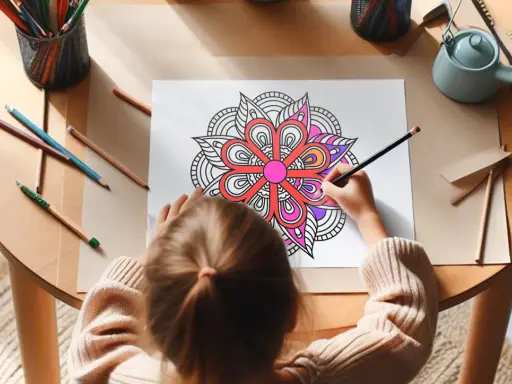 Ett barn sitter vid ett runt bord och färglägger en mandala med färgpennor.
