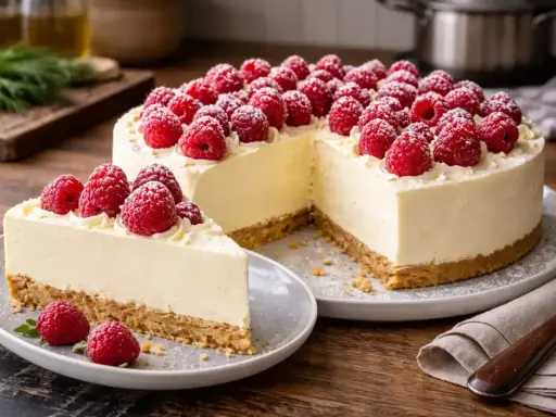 Pyszny sernik z mascarpone, udekorowany malinami i cukrem pudrem. Idealny na deser.