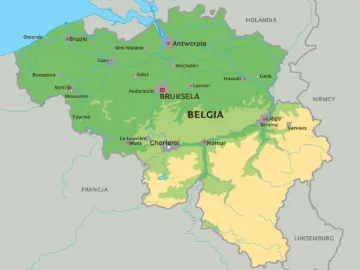 Mapa Belgii w Europie z zaznaczonymi miastami jak Bruksela, Antwerpia, Gandawa.
