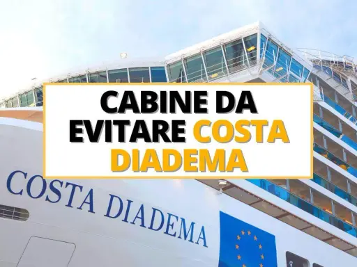 Cabine da evitare sulla Costa Diadema. La nave da crociera vista da vicino, con il nome ben visibile.