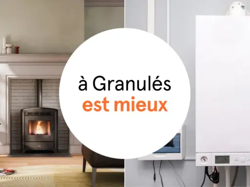Comparaison de deux systèmes de chauffage : un poêle à granulés moderne dans un salon cosy et une chaudière murale blanche. Le chauffage à granulés est mis en avant.