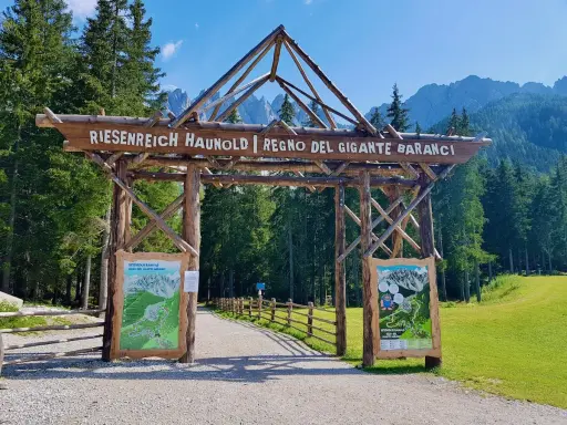 Ingresso in legno per il "Regno del Gigante Baranci", con cartelli informativi e sentiero che si addentra nel bosco.
