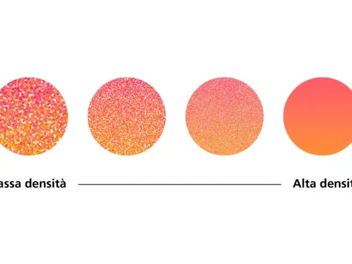 Cerchi con gradiente da rosa ad arancio, da bassa ad alta densità di puntini, creati in 300 dpi Photoshop.