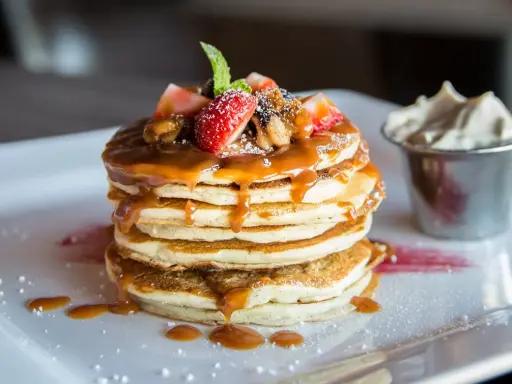 Pancakes con sciroppo d'acero, fragole e panna. Il dulcis in fundo significato di una colazione perfetta.