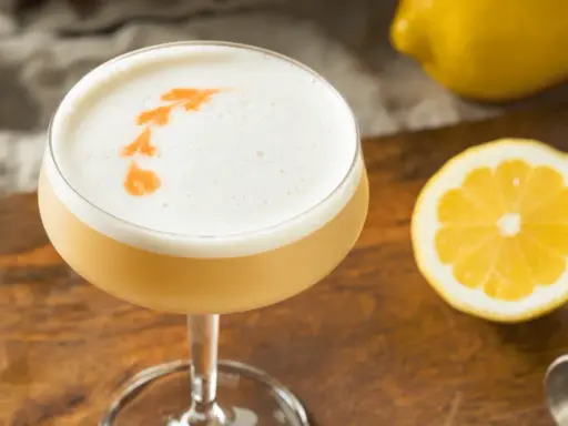 En läcker sifon drink med skummig topp, garnerad med orange mönster. Citroner och en jigger ligger bredvid.