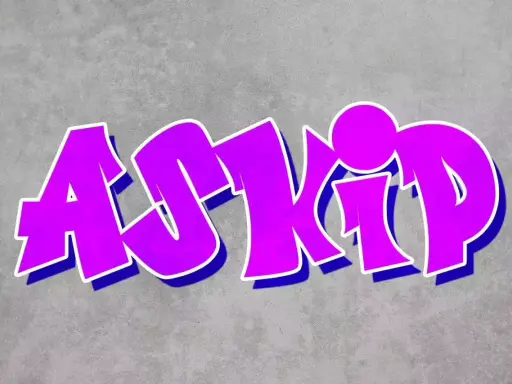 Graffiti violet "ASKIP" sur fond gris. Askip, c'est le mot qui fait le buzz, ici stylisé en lettres audacieuses.