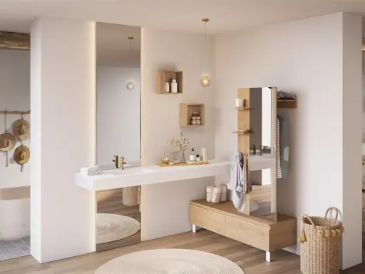 Chambre parentale avec salle de bain épurée, baignoire îlot, double vasque et dressing intégré. Ambiance zen et naturelle.