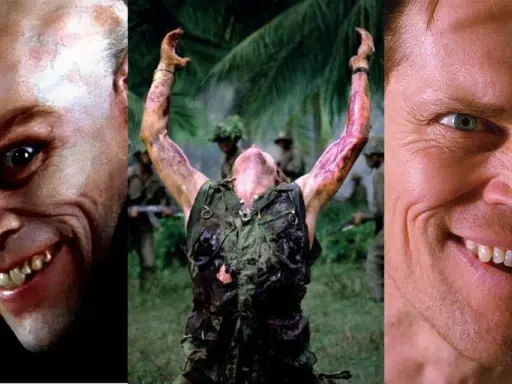 Willem Dafoe i hans ikoniska roller i filmer. En bildkollage med hans ansikte i närbild, en soldat i djungeln och ett läskigt leende.