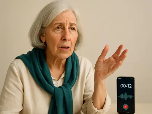 Anziana con espressione preoccupata, mentre un telefono registra la sua voce, forse per monitorare un possibile decadimento cognitivo.