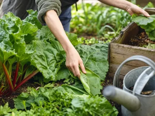 Main de jardinier manipulant de grandes feuilles vertes de rhubarbe, près d'une caisse en bois et d'un arrosoir. Le purin de rhubarbe est un excellent engrais naturel.