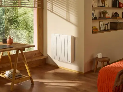 Un radiateur blanc vertical est fixé au mur, sous une fenêtre. Un bureau en bois et une étagère remplie d'objets complètent la pièce.