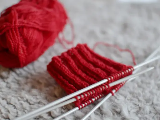 Rött pompom garn ligger bredvid ett stickat provstycke på stickor.