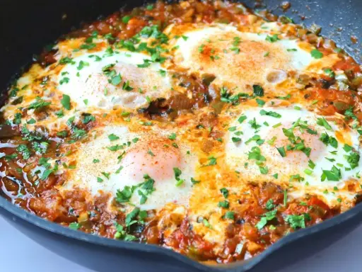 Huevos pochados en salsa de tomate y pimientos, un plato perfecto para tus recetas con huevos. Espolvoreado con perejil fresco.