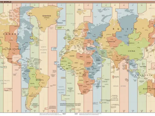 Mapa świata z zaznaczonymi strefami czasowymi, w tym madera.