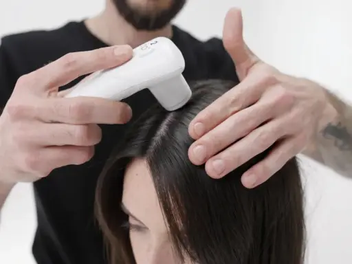 Application d'un appareil sur le cuir chevelu, peut-être pour évaluer les effets secondaires de Furterer Triphasic Progressive.