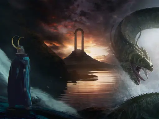 Ein weißer Wolf, ein Mann mit Hörnerhelm und ein riesiger Drache im Wasser. Dies ist ein Bild, das zeigt, was ist Mythologie: alte Geschichten voller Magie und Monster.
