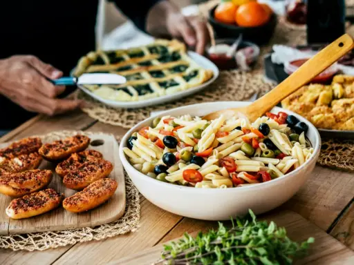 Pyszna sałatka makaronowa z oliwkami i pomidorkami, obok pieczywo i świeże oregano. Idealne na letni obiad, pokazujące co zrobić z oregano.