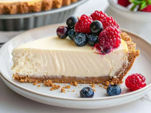 Tranche de cheesecake sans cuisson garnie de fruits rouges frais.