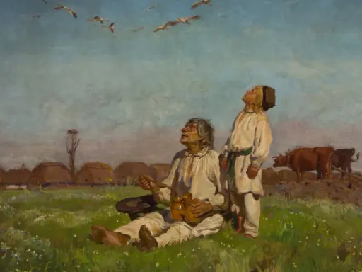 Obraz przedstawia dwóch mężczyzn w strojach ludowych patrzących w niebo, na tle wsi i krów.