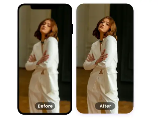 Comparación de edición fotográfica: antes y después. Una mujer con traje blanco, antes borrosa, ahora nítida y detallada.