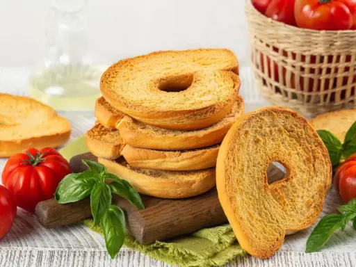 Fette dorate di pane tipico pugliese, con pomodori freschi e basilico, pronte per essere gustate.