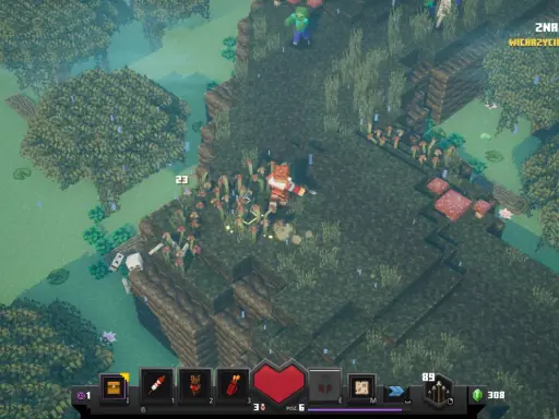 Gracz w grze Minecraft Dungeons walczy z potworami na bagnach, zbierając mikstury.