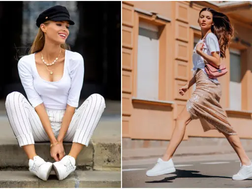 Białe buty damskie pasują do eleganckich spodni w paski i do błyszczącej spódnicy. Stylowe zestawy na co dzień i na wieczór.