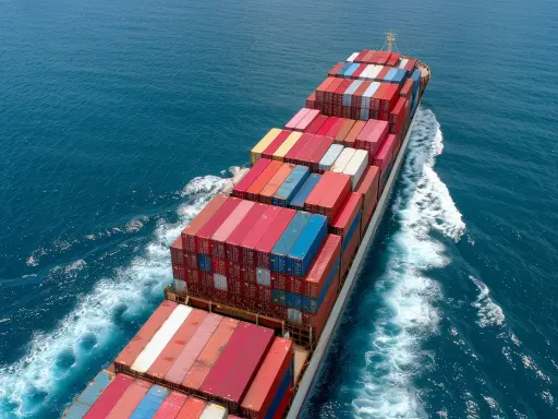 Un immense porte-conteneurs navigue sur une mer bleue, témoignant du **trafic maritime** mondial. Des conteneurs colorés s'empilent sur le pont.